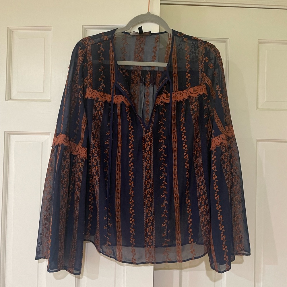 Bcbg Blue Embroidered Sheer Peasant Blouse